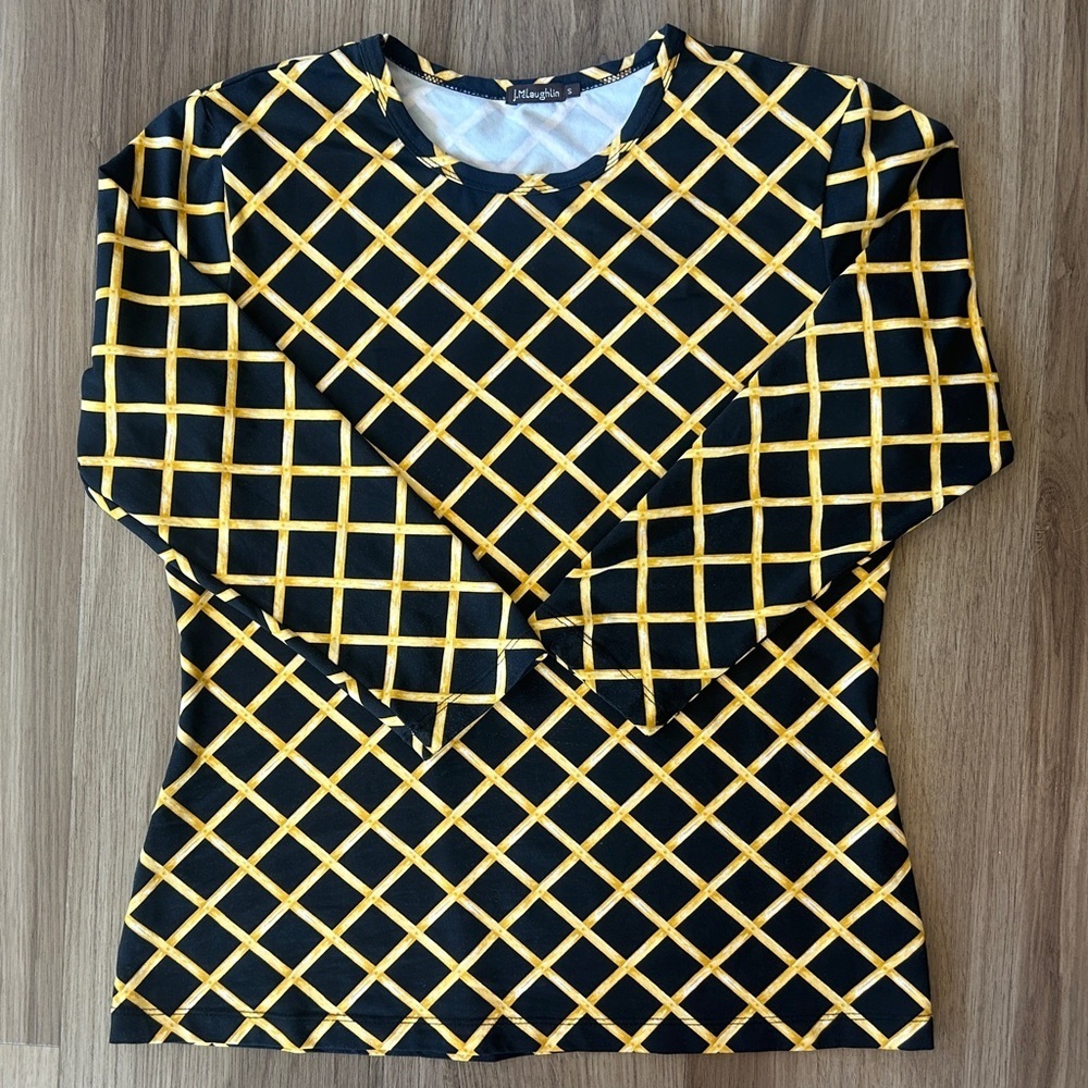 J. McLaughlin Top S Black Yellow Lattice Print Long 3/4 Sleeve Catalina Cloth